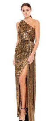 NWT Mac Duggal Draped One Shoulder Grecian Metallic Gown Dress