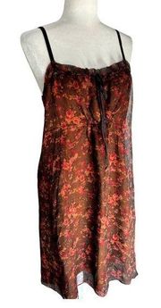 PERUVIAN CONNECTION Y2K STYLE BROWN SILK ROSES DRESS SZ. 14 LARGE