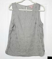 ST. TROPEZ WEST 100% Linen Size L Gray Embroidered Top Lightweight Breezy