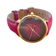 FOSSIL Prismatic Galaxy Three Hand Fuchsia Leather Band Raised Crystal Analog Wa