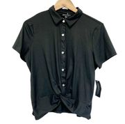 NEW Sweet Rain Juniors XL Top Black Button Front Twist Front Short Sleeve Knit