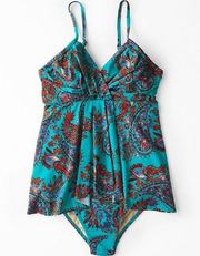 Garnet Hill Ruched-Overlay One-Piece Swimsuit Boho Paisley Women’s Size 10