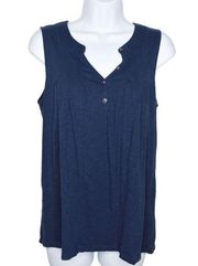 Time And Tru Womens Navy Blue Sleeveless Buttoned Neckline Pleated Tank Top M