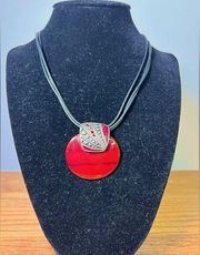 Chico's red enameled corded pendant necklace black red crystal accents EUC