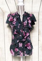 Casual Comfy Purple Floral Sheer Ruffle XS Blouse