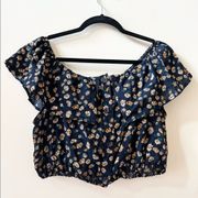 Floral Navy Blue Ruffle Off The Shoulder Crop Top