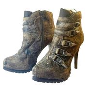 Ash Extreme Stiletto Ski Bootie Brown Calf Hair Buckle Heels Women’s Size 37 6.5