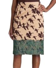 Leifsdottir for Anthropologie Bird Print Pencil Skirt Tan & Teal Lace Size 2