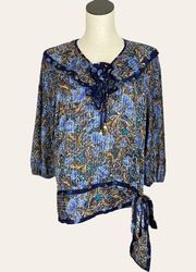 Diane Freis Vintage Blouse Bib Collar Side Tie Rosette Blue Puff Sleeves Top 80s