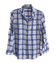 LL Bean Plaid Linen blue / white long sleeve Button Down womens Size large