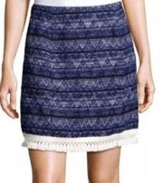 NEW NWT MICHAEL KORS Blue Tweed Chevron 100% Cotton Boho Winter Fringe Skirt 8