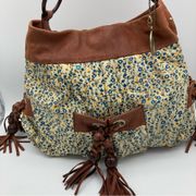 Betsey Johnson Large Leather and Canvas Floral Shoulder Bag with Braided Strap