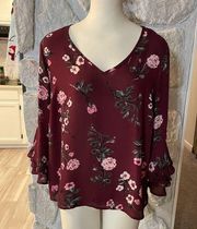 Krazy Kat Wine Floral Flowy V-Neck Blouse- Ruffle Quarter Length Sleeves-LARGE