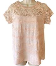 LILY ROSE Boho Light Pink Lace Short Sleeve Bohemian Top ~ Women's Size MEDIUM