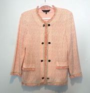 Ming Wang Knit Cardigan Sweater Jacket Fringe Gold Buttons Peach Orange Pink