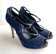 WHBM | Navy Blue Genuine Suede & Leather Peep Toe Strappy Heels Sz 8