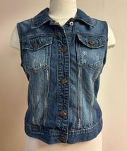 Mudd Denim Distressed Dark Wash Button up vest with pockets size L