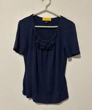 St.John Women's Size Small Shirt Blue Short Sleeve Blouse Designer Stretch Top