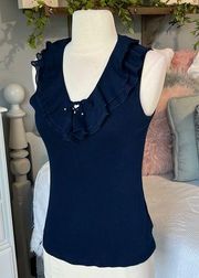 Chaps Navy Blue Top Womens Small Ruffle Collar Cotton Solid Sleeveless Tank