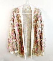 Love Riche Cardigan Colorful Fringe Shaggy Open Front Knit Sweater Sz L EUC