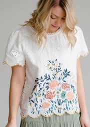 Roolee Embroidered Scalloped Hem Top Eyelet Lace Trim Floral White Size Small