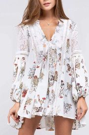 White Floral Lace Long Sleeve Bubble Sleeve Tunic Top Babydoll Dress S