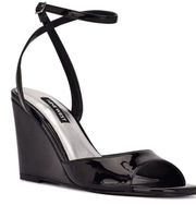 Nine West Sandals Size 7.5 Black Faux Leather Open Toe Ankle Strap Wedge Heel