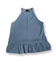 Womens Halter Top Blue Sleeveless Neck Textured Ruffles Pullover Stretch M