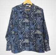 Vintage Animal Print Blouse Wild Blue Bold Funky Top Shirt Leopard Button-Up Y2K