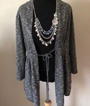 St. Tropez West Open Front cardigan sweater w/tie knit top tunic black gray