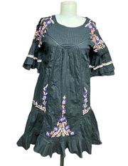 Free People Pavlo Embroidered Smock Dress Black Purple Floral Size XS