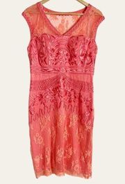 Sue Wong New Coral Embroidered Lace Sheath Cocktail Dress Size 10