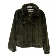 Ci Sono Olive Green Faux Fur Button Up Teddy Jacket Soft Pocket Size Large - EUC