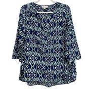 Dana Buchman Women's XL Blue Black Floral Print Button Down Top Blouse