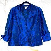 Vintage Asian style royal blue silky embroidered cropped women’s blazer, size S