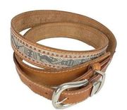 *Vintage Western Leather & Fabric Belt Unisex 36-38 Brown Silver Buckle Rodeo SW