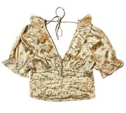 Free People Satin Crop Top Smocked Peasant Corset Puff Sleeve Floral Tan XS