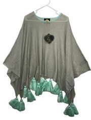 Z&L Grey and Teal Tassel Poncho Size S/M Acrylic NWT