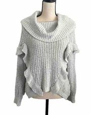 Express Light Gray Marled Knit Cowl Neck Ruffle Oversized Sweater size Small