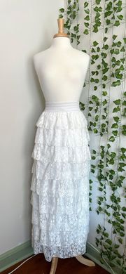 White Floral Lace Ruffled High Waisted Maxi Skirt