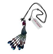 NEW Betsey Johnson PEACOCK BIRD NECKLACE Statement Stone Bejeweled Tassels