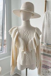 Forever 21 Ivory Ruffled Long Sleeves Cable Knit Turtleneck Sweater Size Small