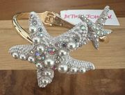 Gold Tone White Starfish Faux Pearl Crystal Hinge Bangle Bracelet