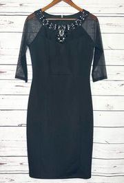 Sangria Black Sheer Sleeve Jeweled Neckline Midi Cocktail Dress Size 10 Large