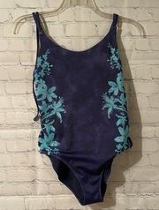 Athleta navy blue one piece swimsuit with blue floral accents size medium