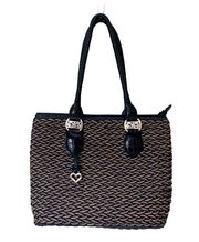 Blue Straw Woven Tote Bag Black Leather Trim