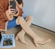 NEW Tan Faux Suede Fleece Lined Over the Knee Block Heel Boots