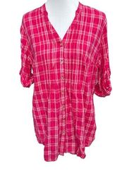 JMS Plaid 3/4 Sleeve Button Down Shirt Pink White Size 2X