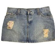 Hydraulic Worn & Torn Denim Mini Skirt 9/10 Med Wash Pockets Button Zip