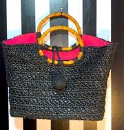 Trina Turk Bamboo Handle Straw Woven Beach Bag or Large Purse for Work & Play